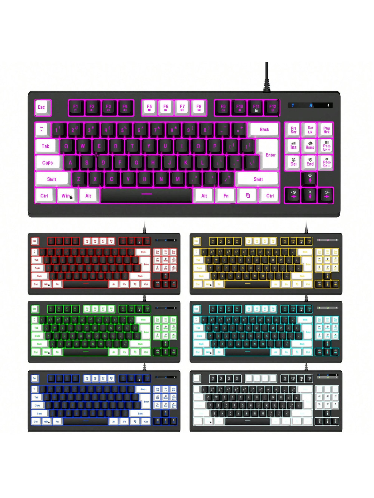 Snpurdiri Rgb Illuminated, Compact Gaming Keyboard, Usb Cable 87-Key Gaming Keyboard, Led Rainbow Backlit Keyboard, Membrane Keyboard, Suitable for Laptop, Pc Gaming, and Work Keyboard