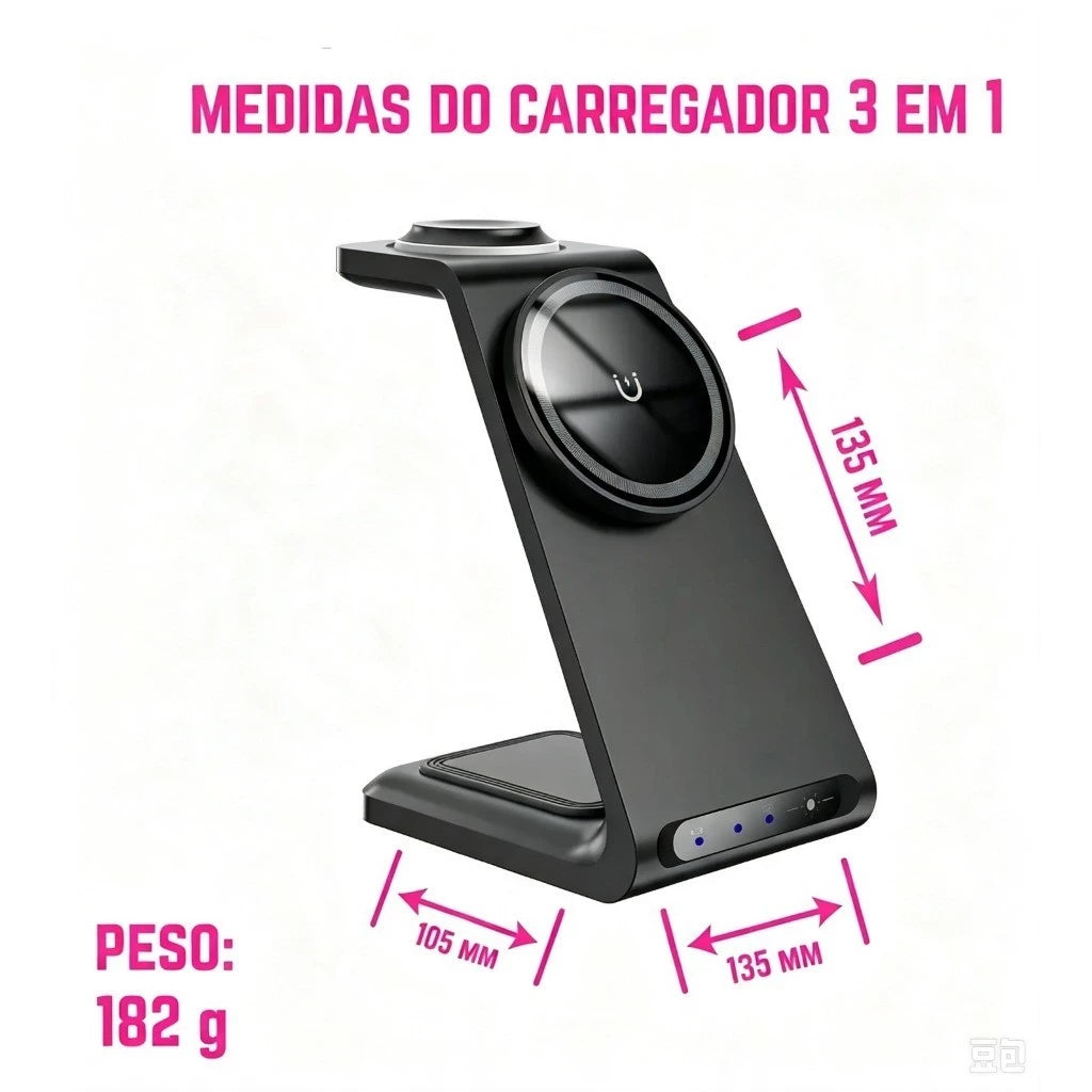 Carregador por Indução 3 em 1 Inteligente (Homologado ANATEL)